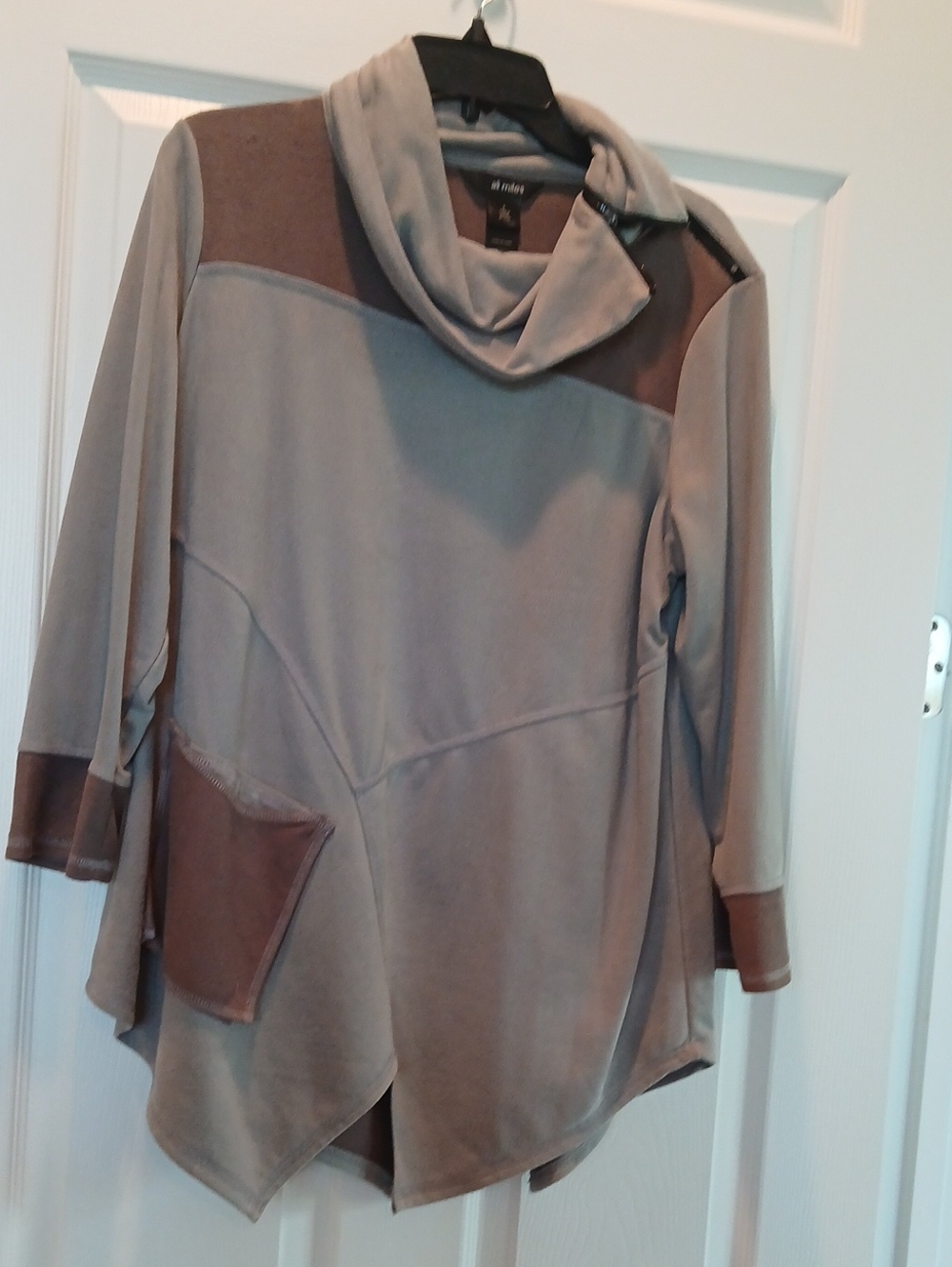 Ali Miles Two-Tone Gray and Brown Asymmetrical Cowl Neck Top